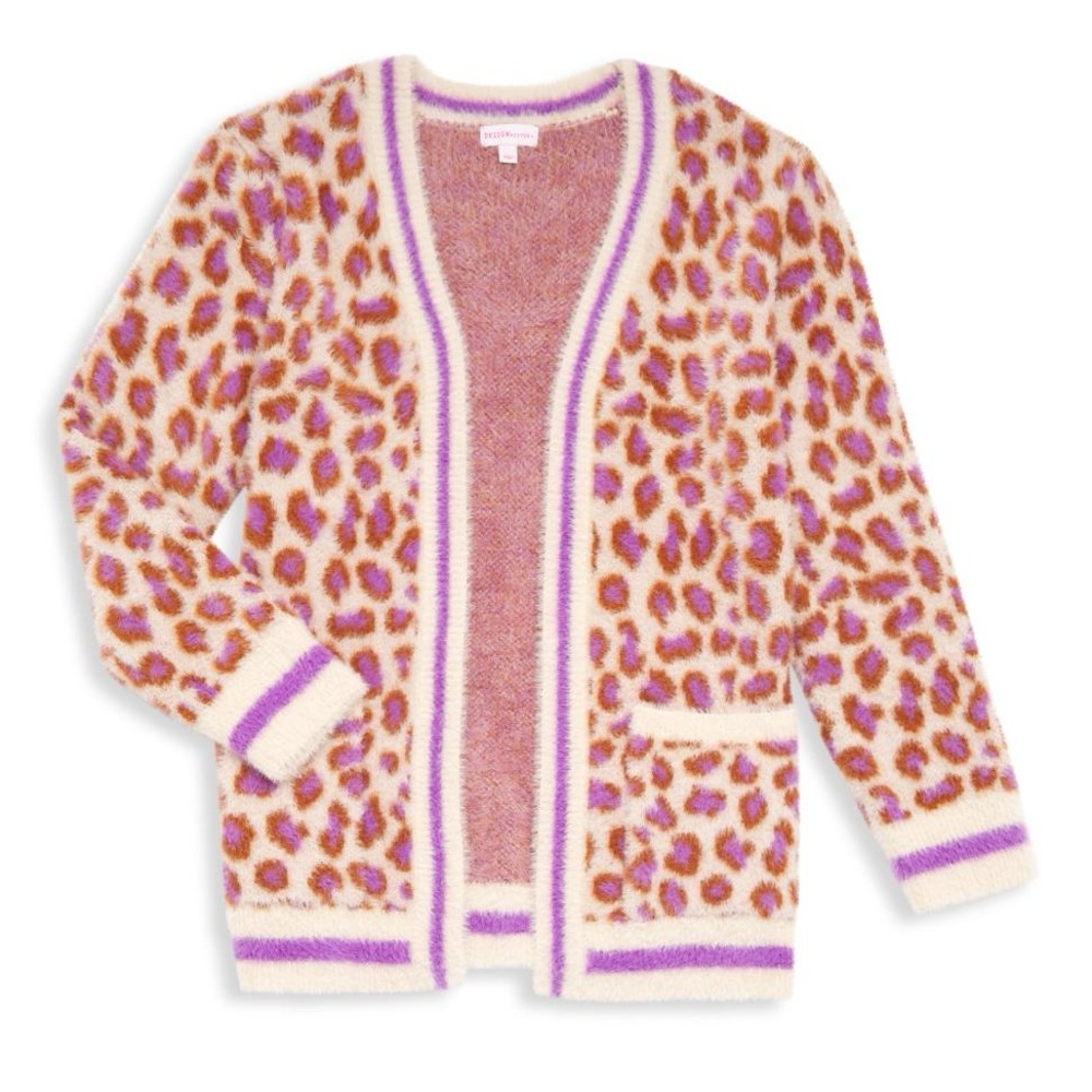 Design History Leopard Print Girls Sweater - purple and Cream- girls XL, women M
